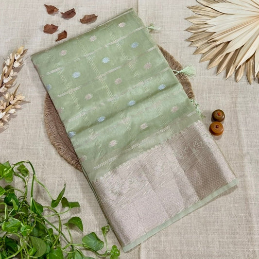 Pastel Green Checked Kora Silk Saree - Vini's Ethnic