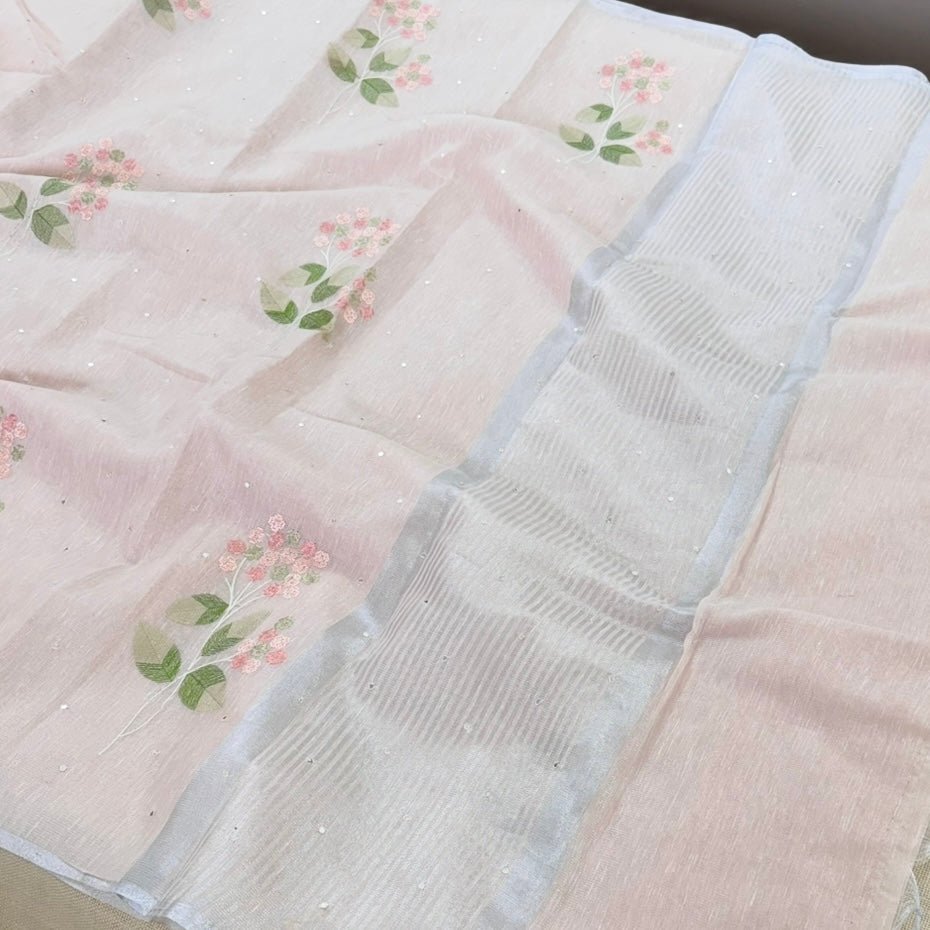 Pastel Peach Floral Embroidery Tissue Linen Saree - Vini's Ethnic