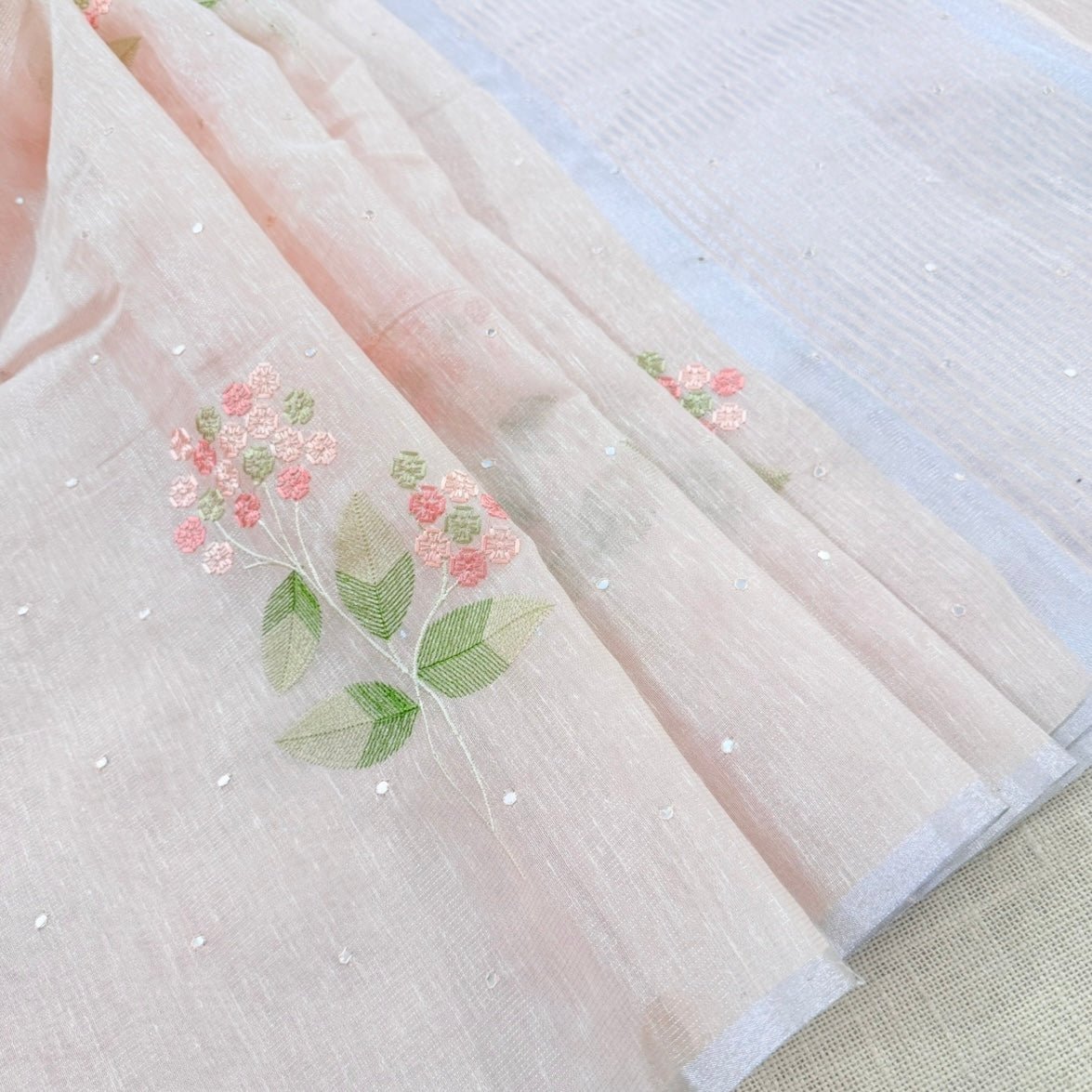 Pastel Peach Floral Embroidery Tissue Linen Saree - Vini's Ethnic