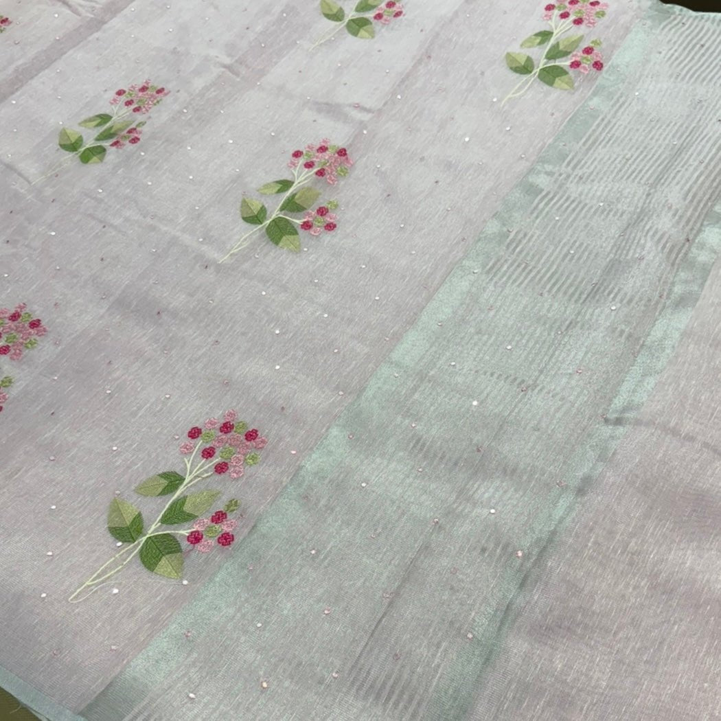 Pastel Pink Floral Embroidery Tissue Linen Saree - Vini's Ethnic