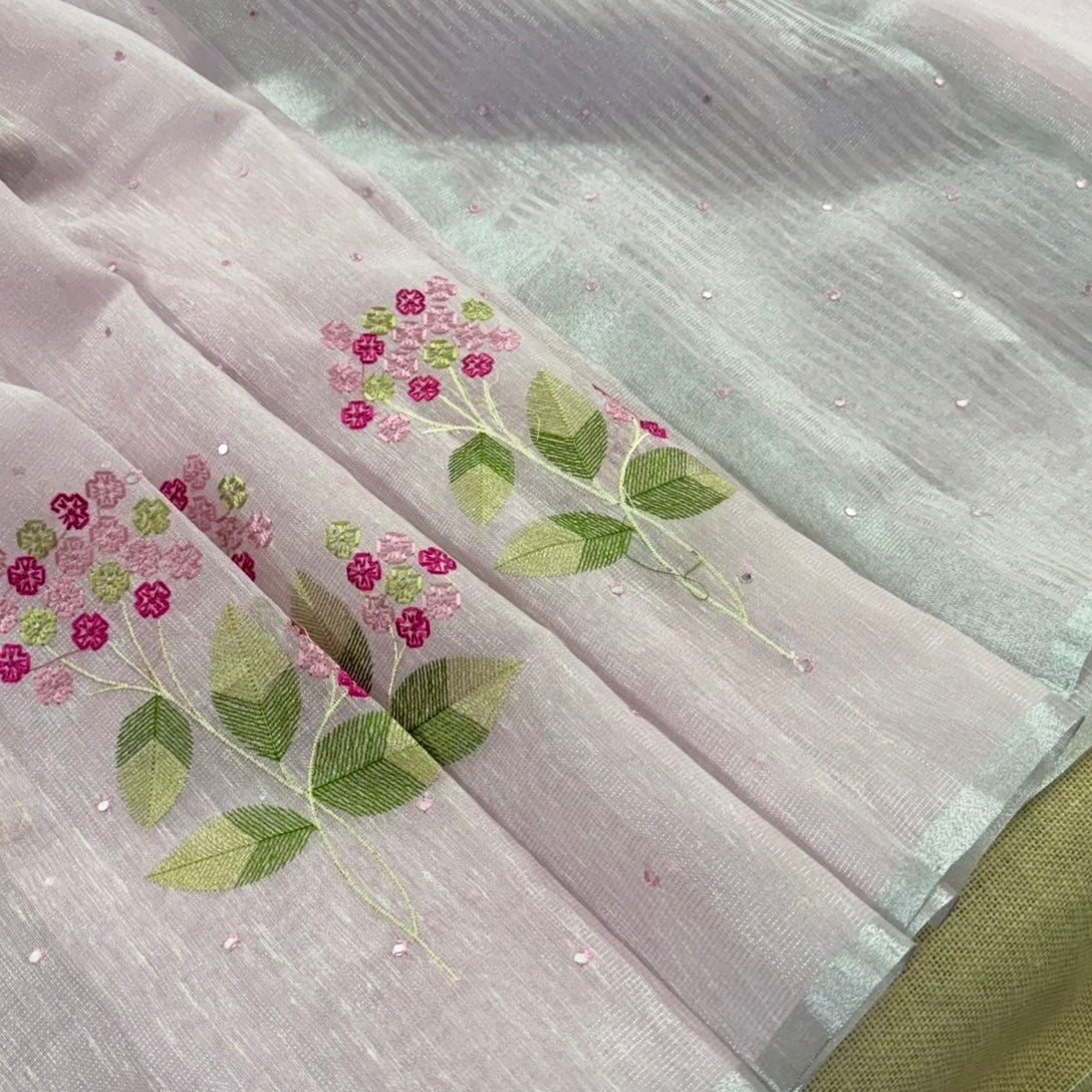 Pastel Pink Floral Embroidery Tissue Linen Saree - Vini's Ethnic