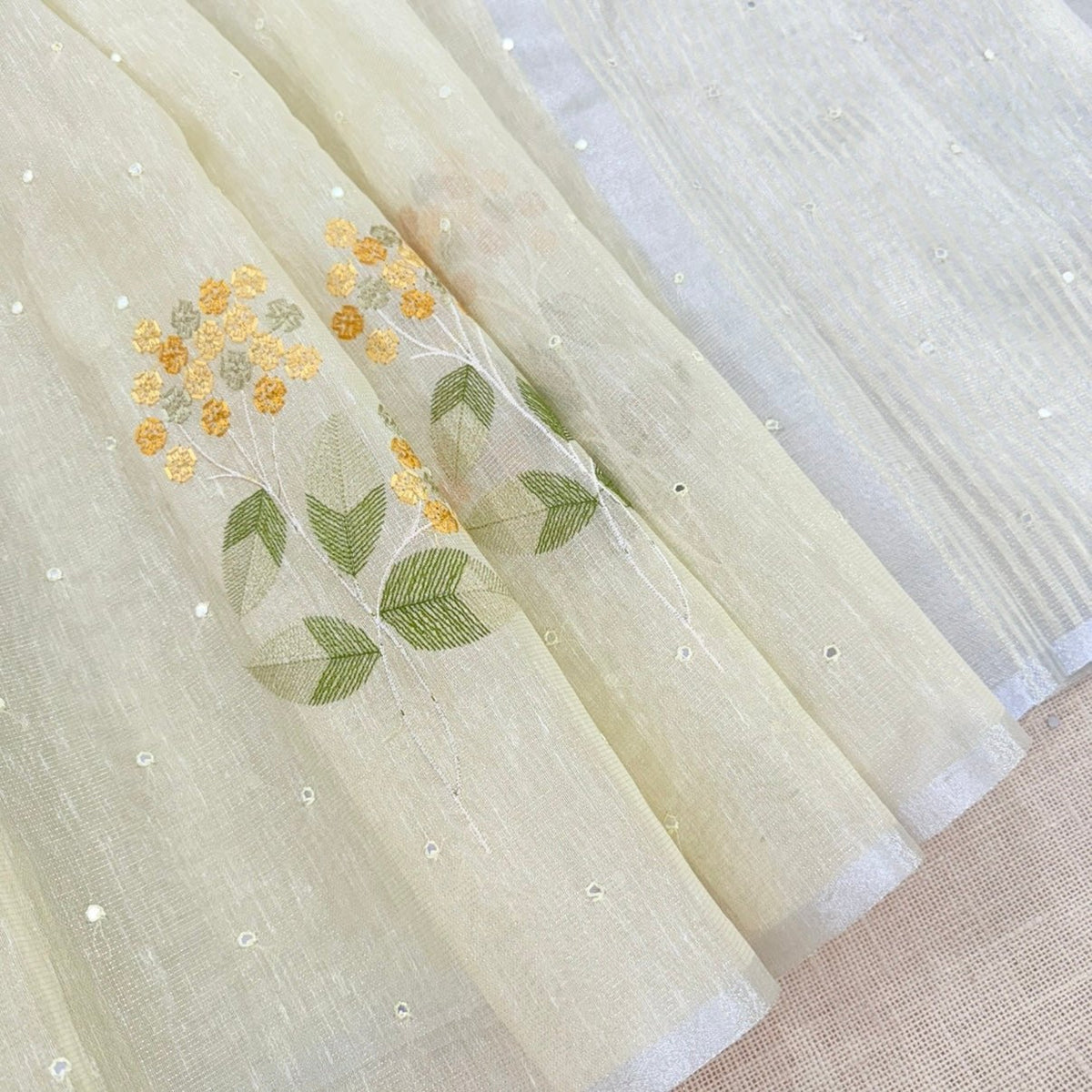 Pastel Yellow Floral Embroidery Tissue Linen Saree - Vini's Ethnic