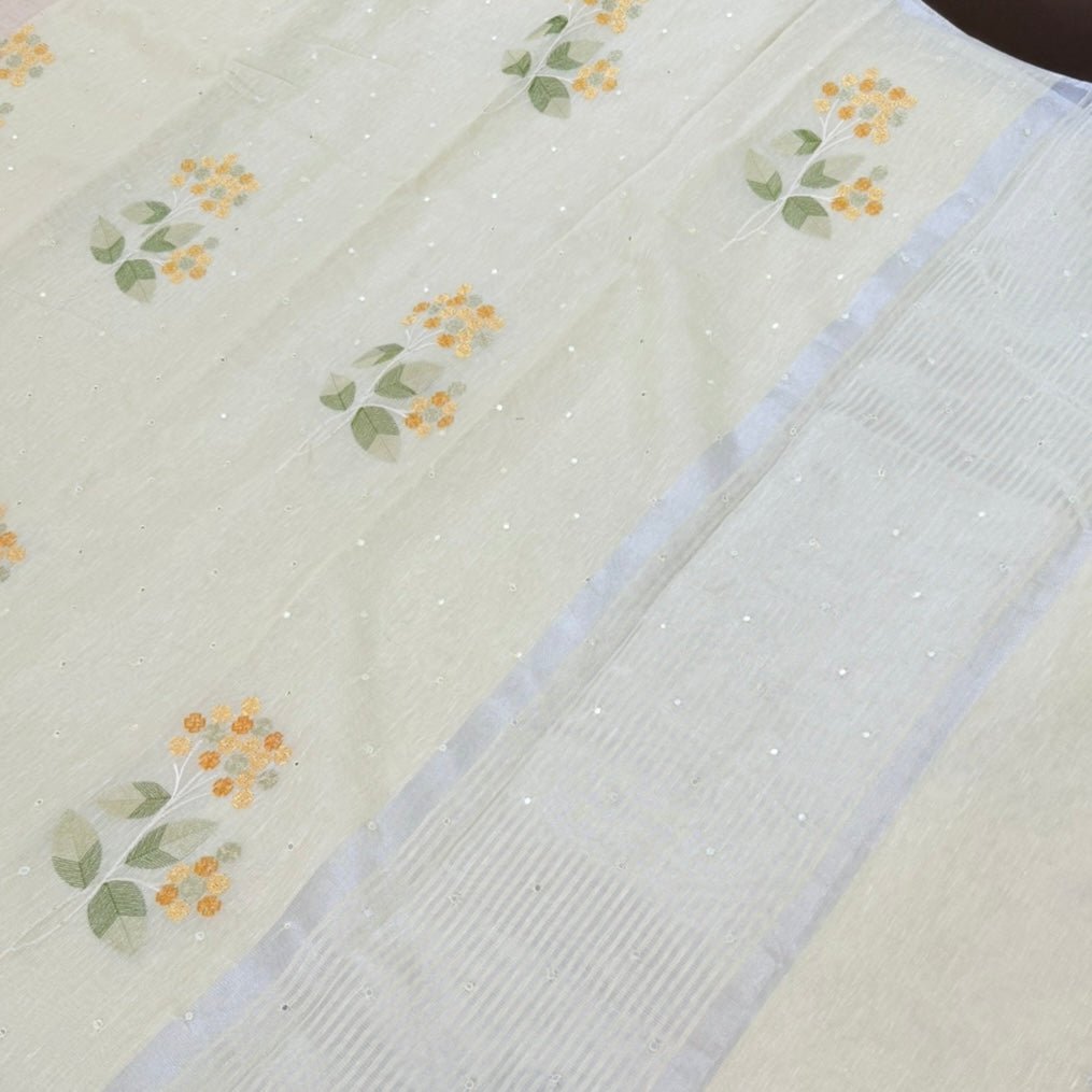 Pastel Yellow Floral Embroidery Tissue Linen Saree - Vini's Ethnic