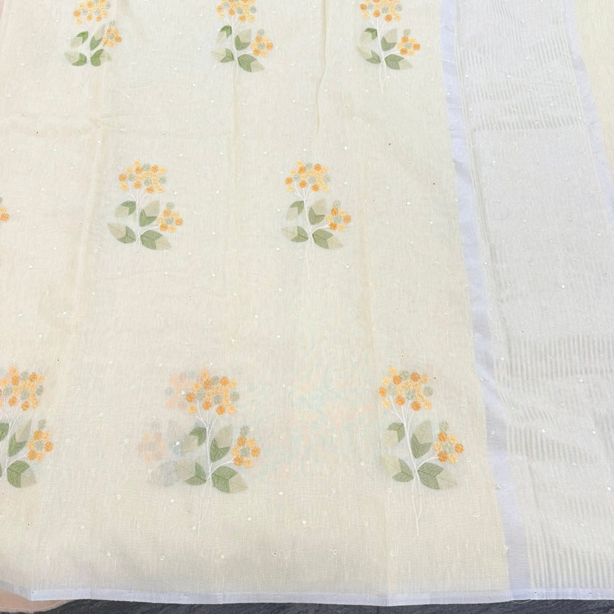 Pastel Yellow Floral Embroidery Tissue Linen Saree - Vini's Ethnic