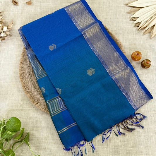 Peacock Blue Dual Shade Lotus Butta Maheshwari Silk Cotton Saree - Vini's Ethnic