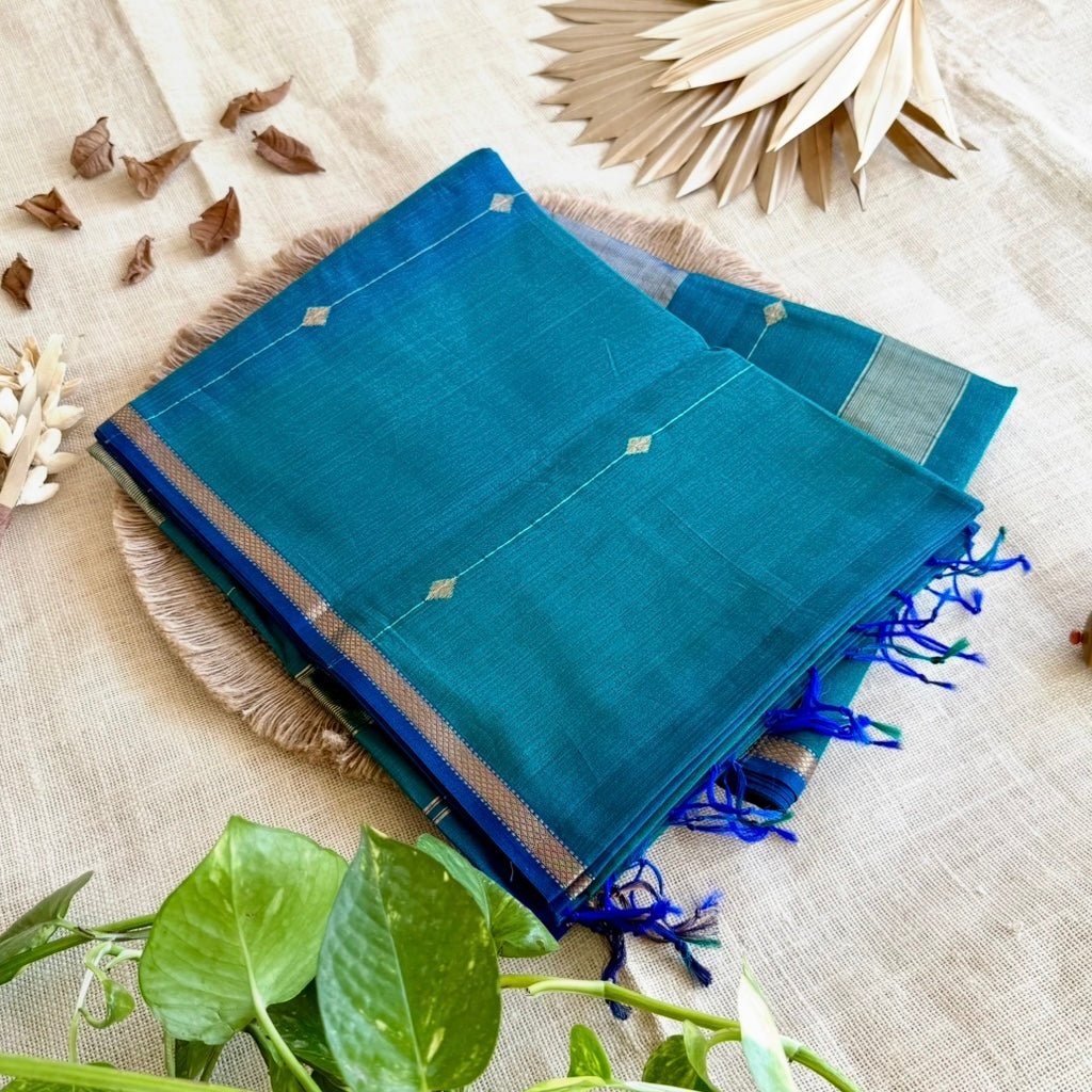 Peacock Blue Dual Shade Maheshwari Silk Cotton Saree - Vini's Ethnic