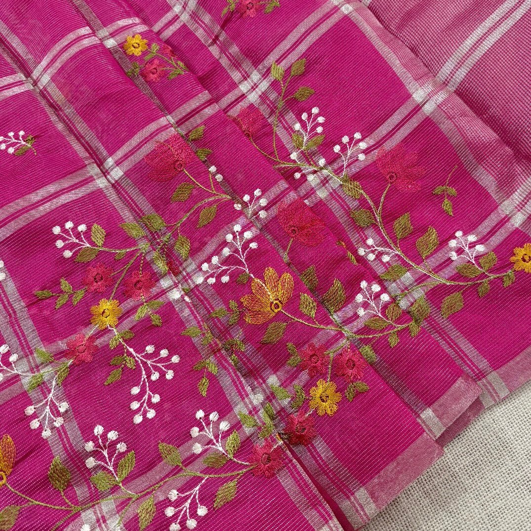 Pink Chekcs Floral Embroidery Semi Tussar Saree - Vini's Ethnic