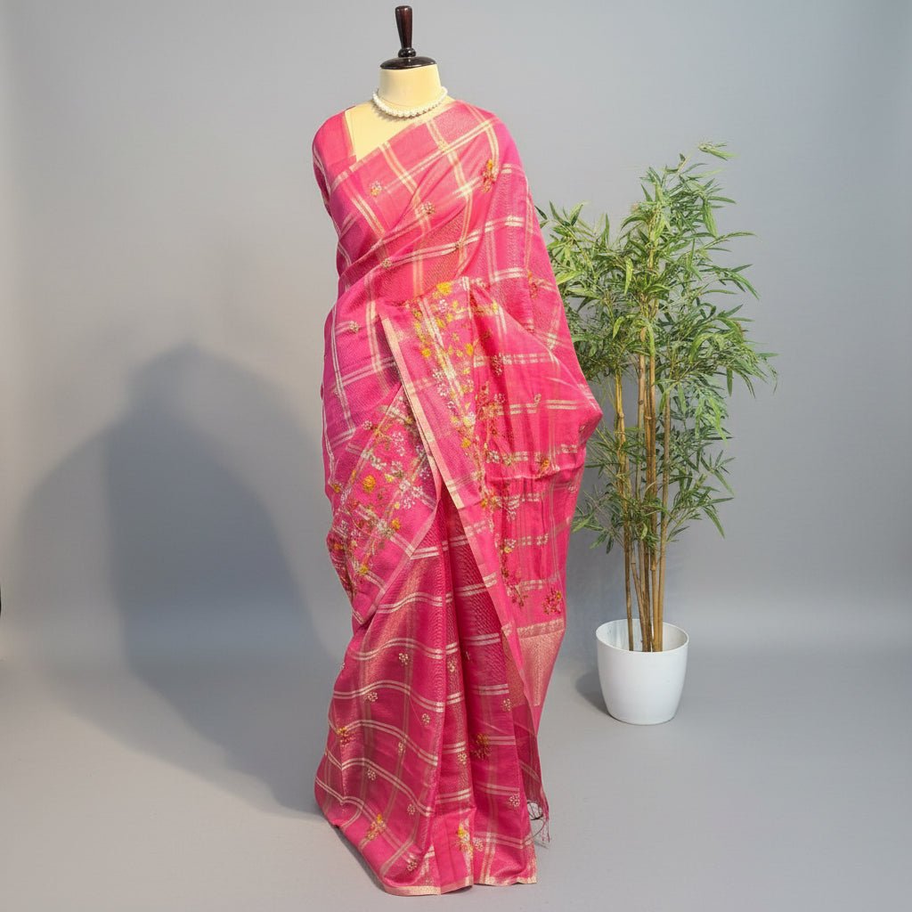 Pink Chekcs Floral Embroidery Semi Tussar Saree - Vini's Ethnic