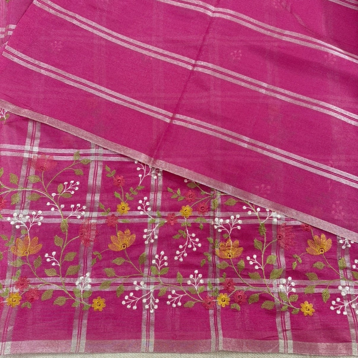 Pink Chekcs Floral Embroidery Semi Tussar Saree - Vini's Ethnic