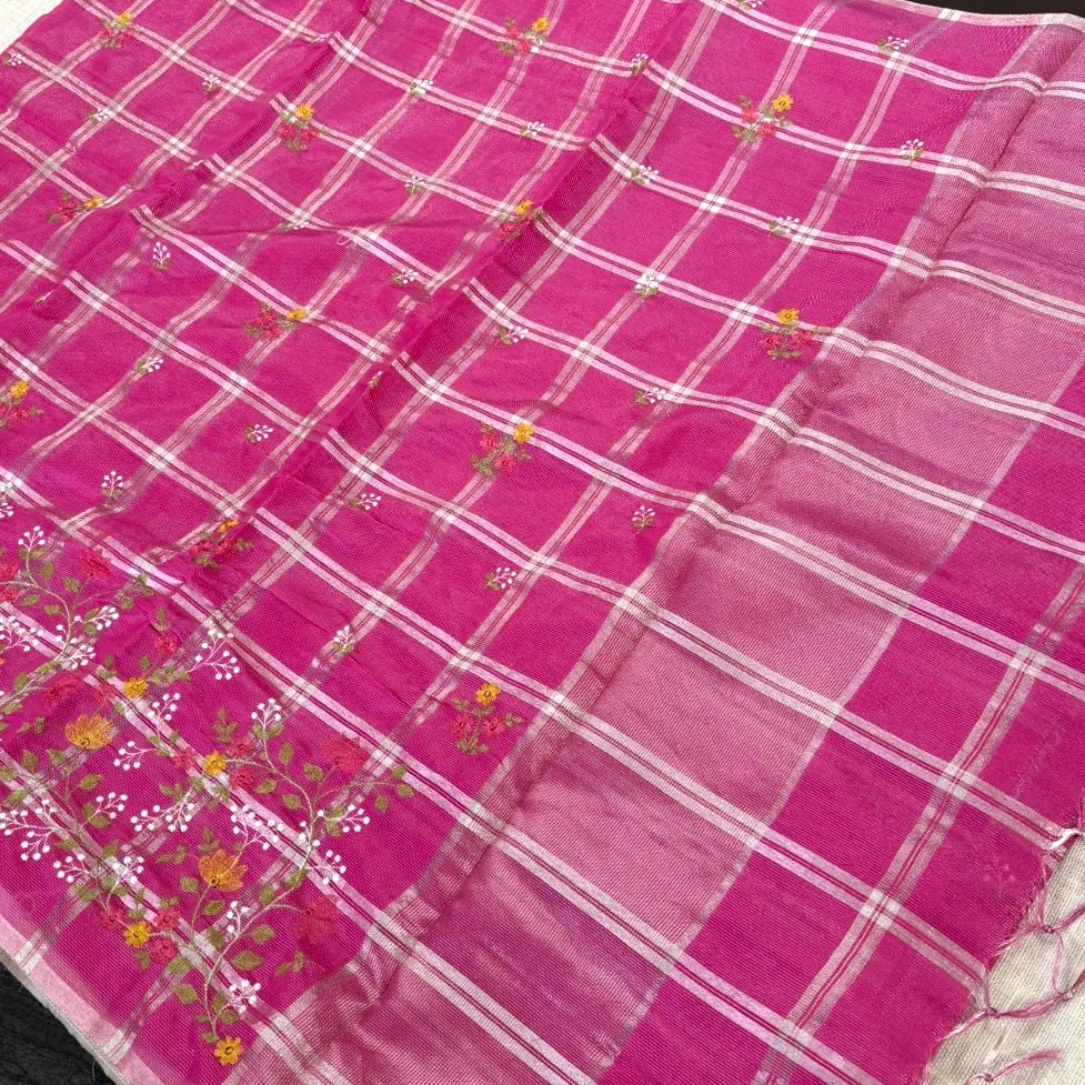 Pink Chekcs Floral Embroidery Semi Tussar Saree - Vini's Ethnic