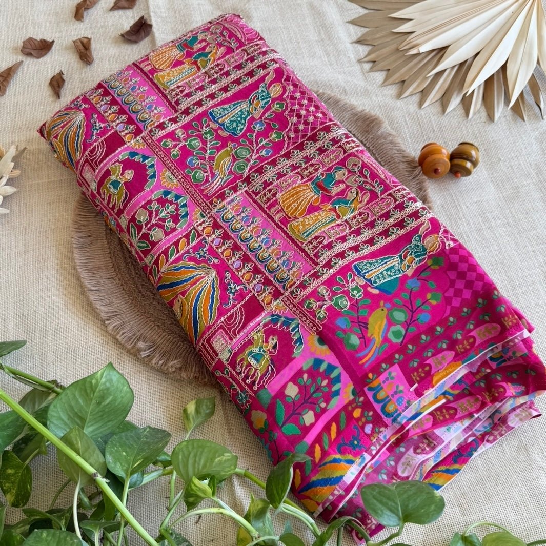Pink Designer Embroidery Crepe Blouse Fabric - Vini's Ethnic