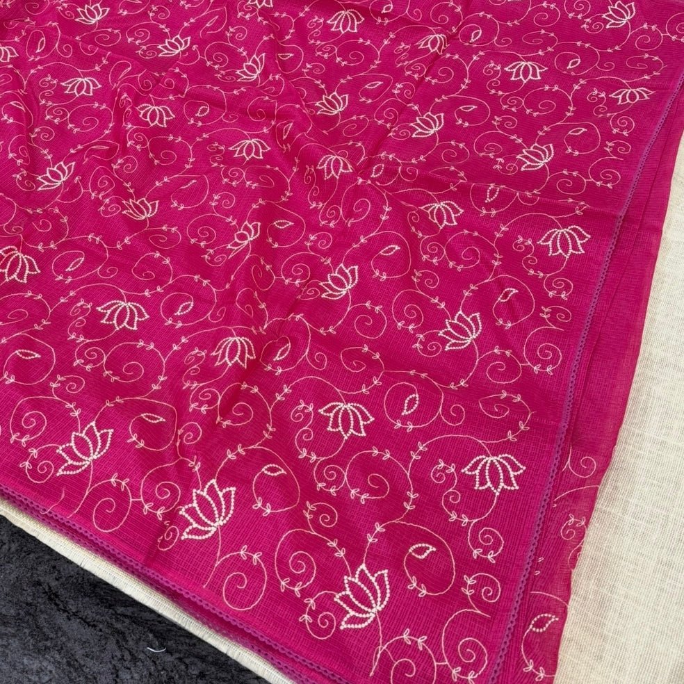 Pink Kota Cotton Crochet Embroidery Saree - Vini's Ethnic