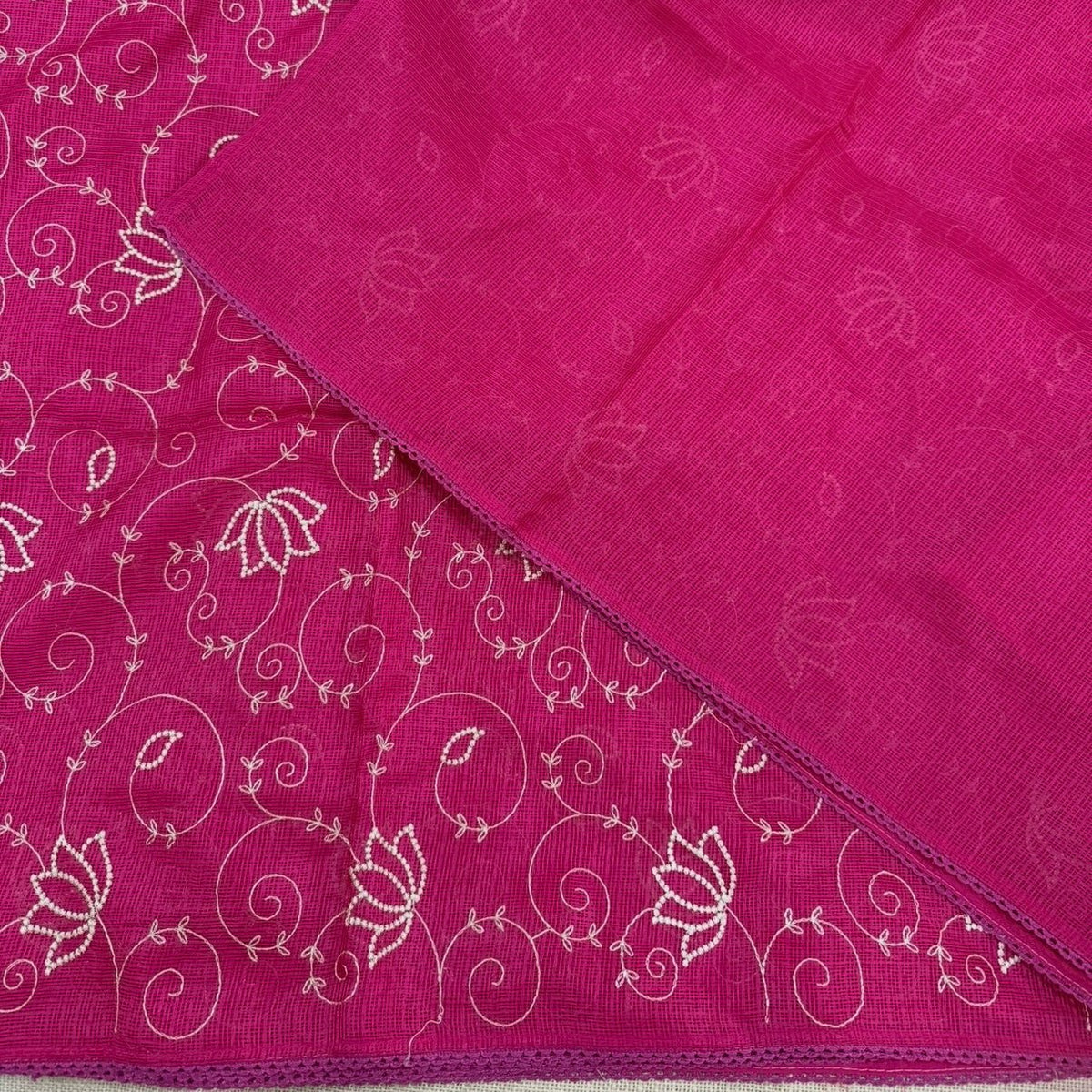 Pink Kota Cotton Crochet Embroidery Saree - Vini's Ethnic