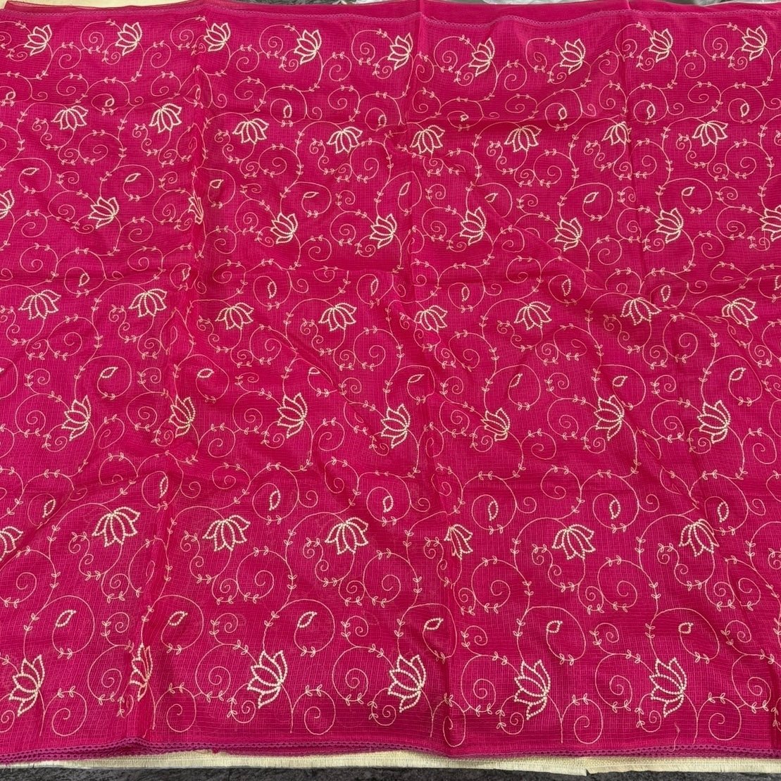 Pink Kota Cotton Crochet Embroidery Saree - Vini's Ethnic