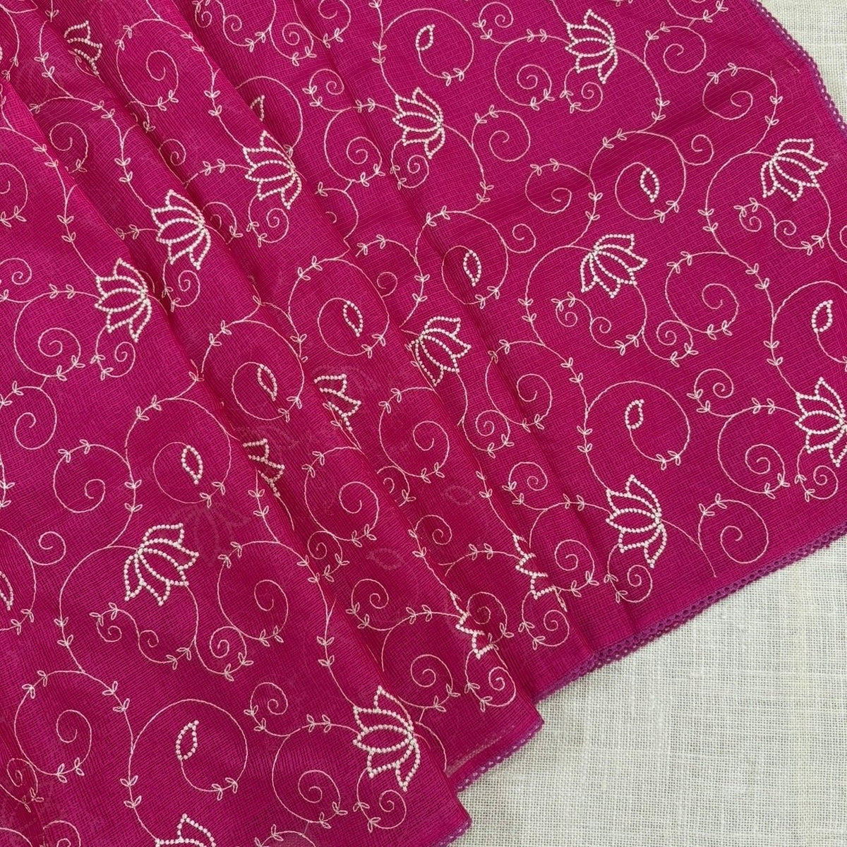 Pink Kota Cotton Crochet Embroidery Saree - Vini's Ethnic