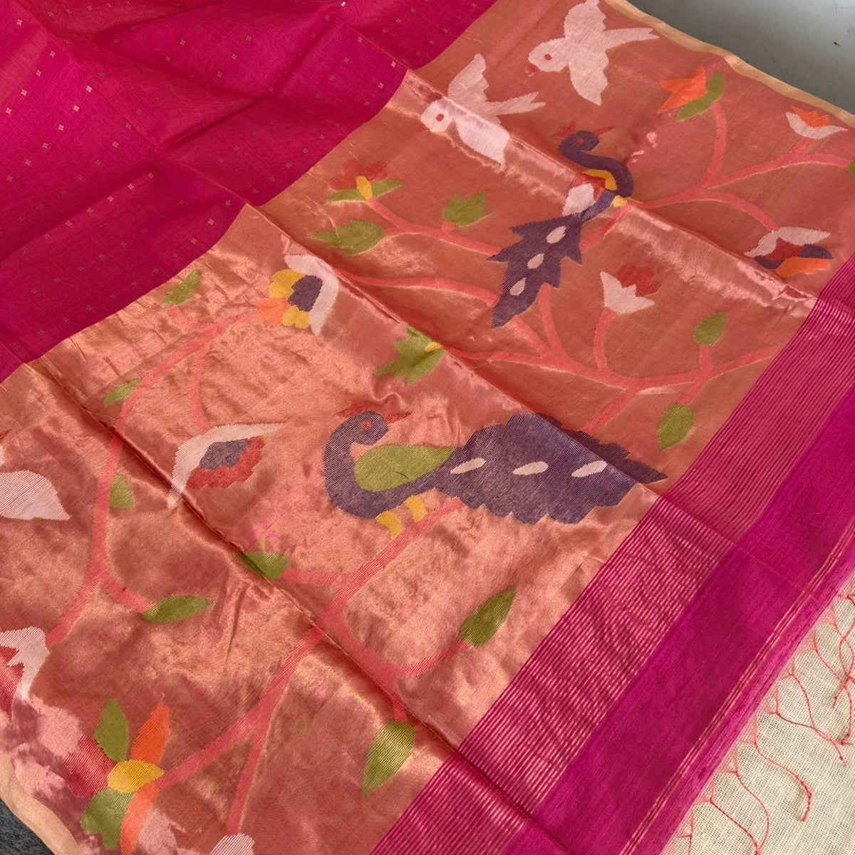 Pink Pure Muslin Sequin Paithani Pallu Saree - Vini's Ethnic