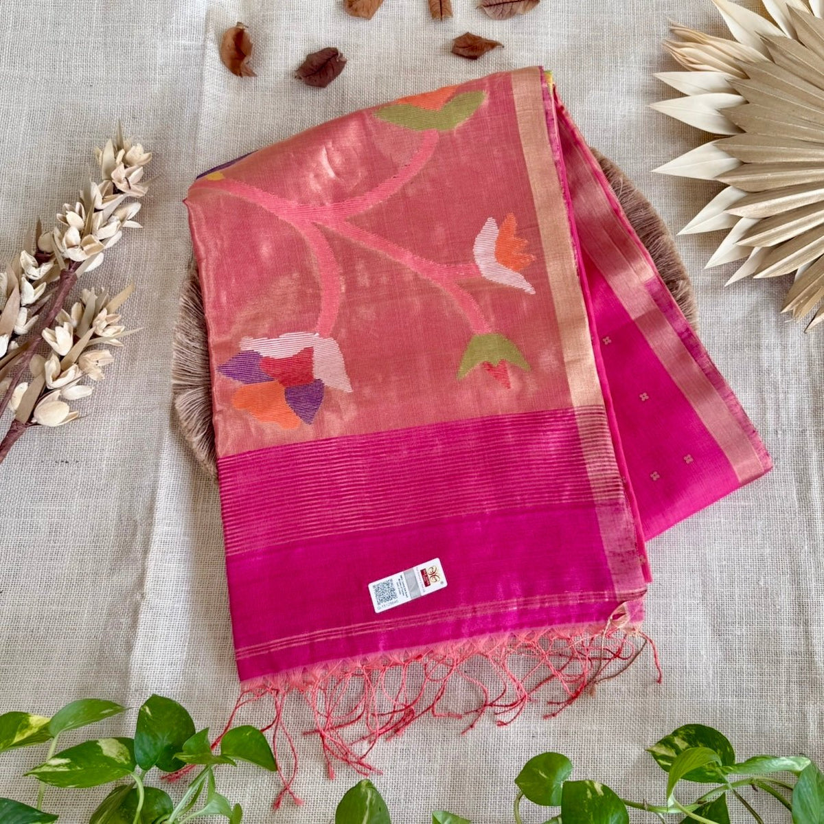 Pink Pure Muslin Sequin Paithani Pallu Saree - Vini's Ethnic