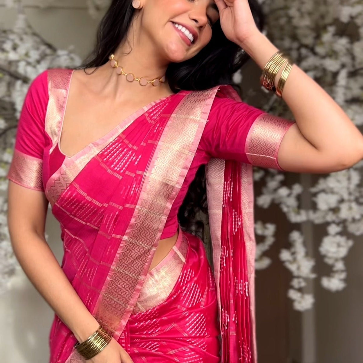 Pink Zari Checked Cotton Silk Saree - Vini's Ethnic