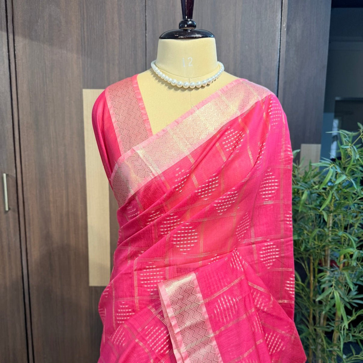 Pink Zari Checked Cotton Silk Saree - Vini's Ethnic