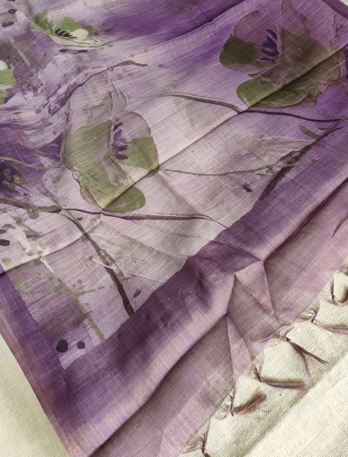 Purple Floral Tissue Linen Saree - Vini's Ethnic