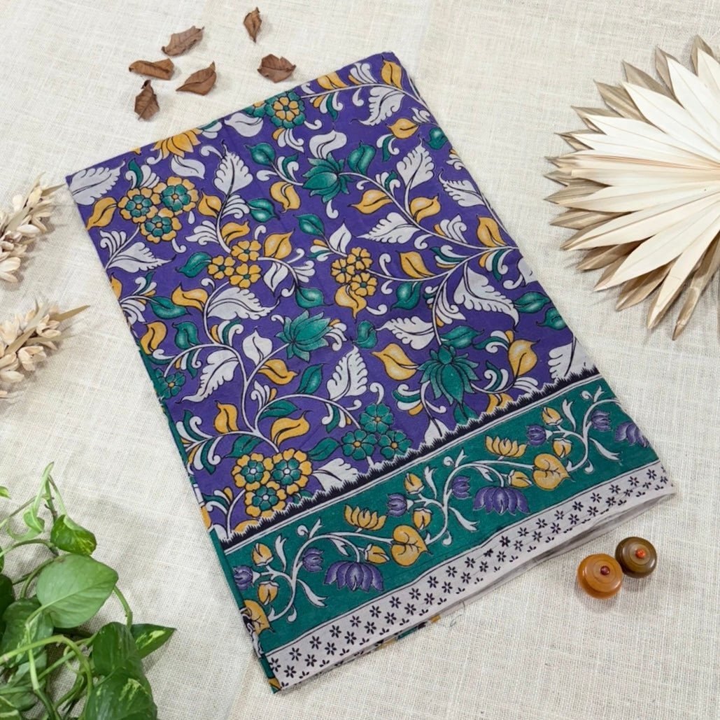 Purple Green Kalamkari Cotton Saree - Vini's Ethnic