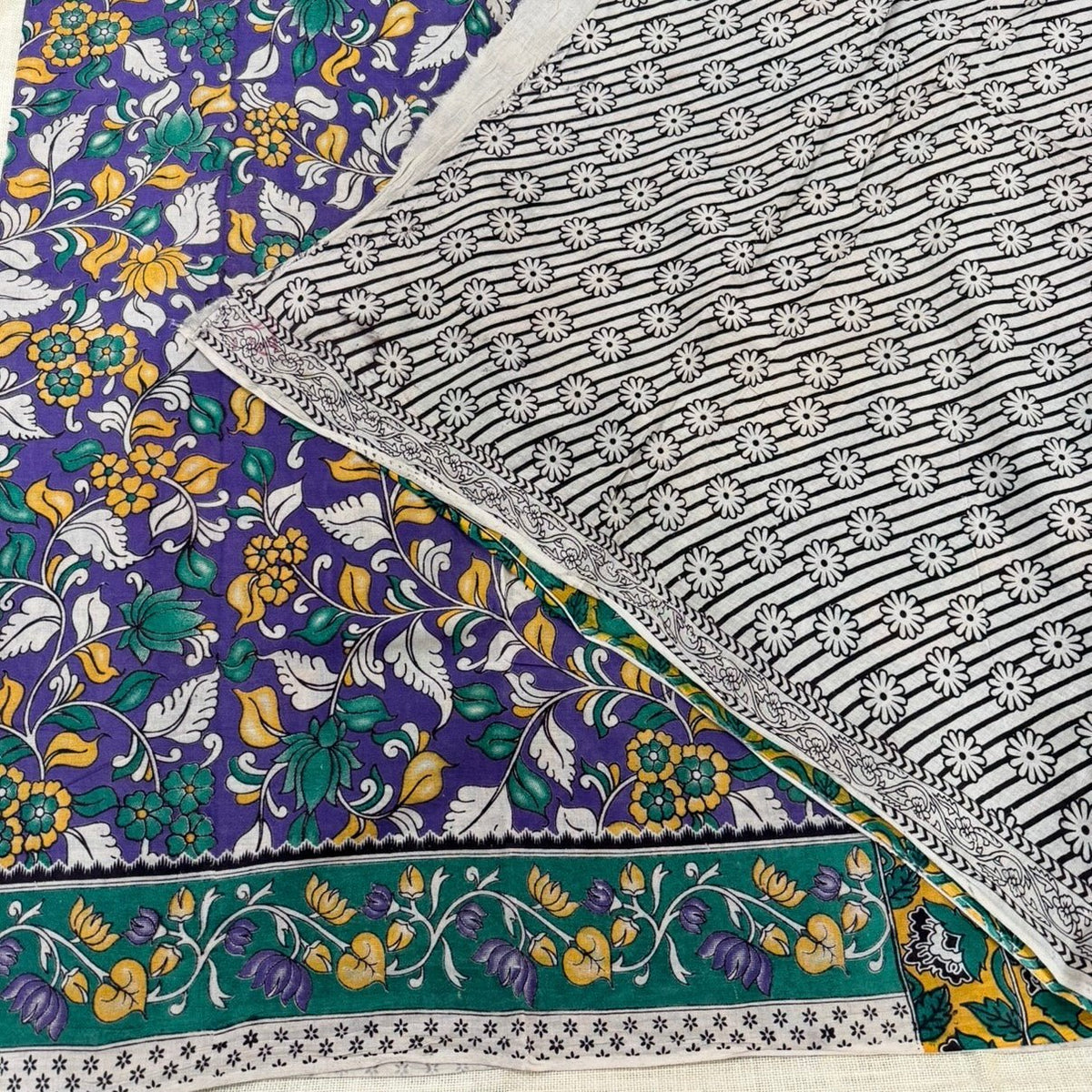 Purple Green Kalamkari Cotton Saree - Vini's Ethnic