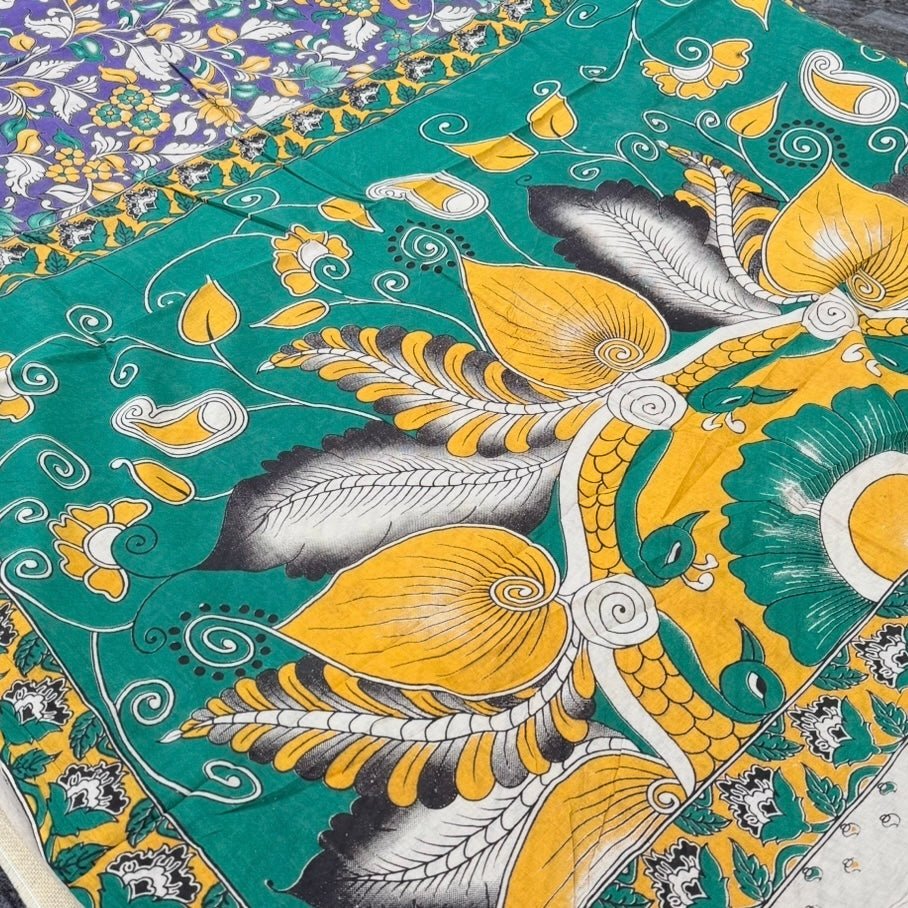 Purple Green Kalamkari Cotton Saree - Vini's Ethnic