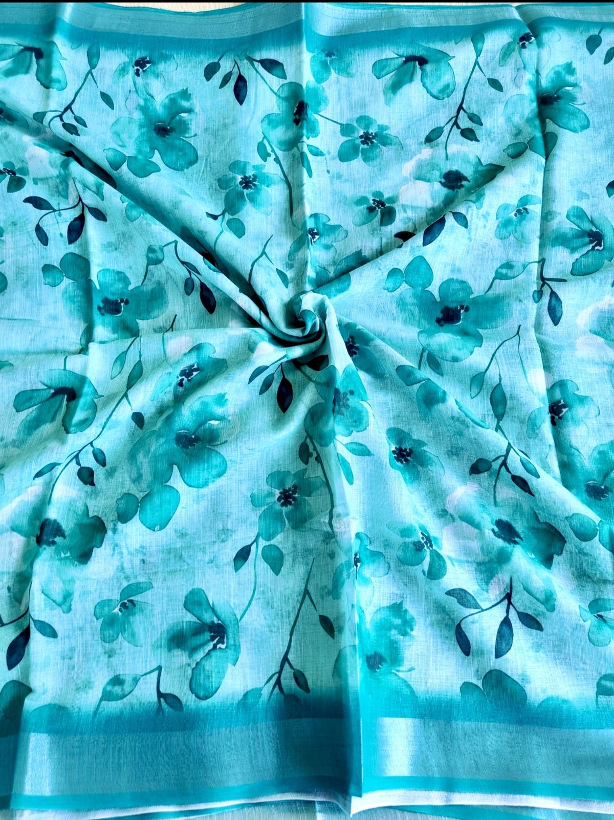 Rama Green Floral Linen Saree - Vini's Ethnic