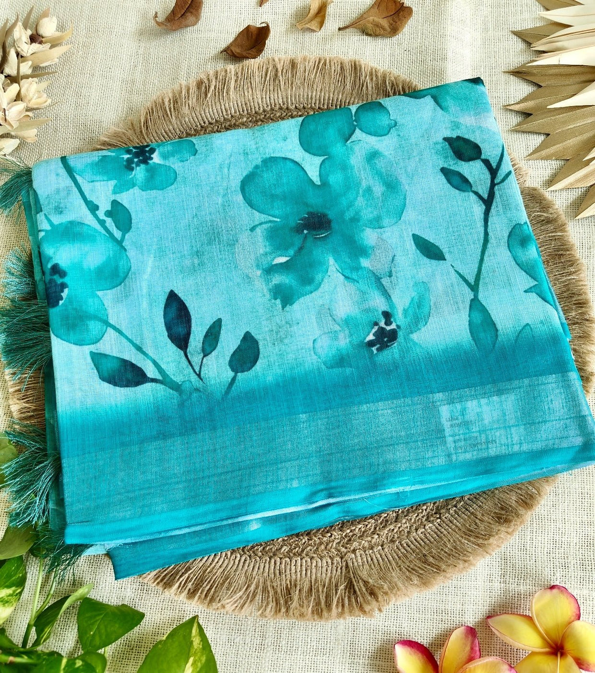 Rama Green Floral Linen Saree - Vini's Ethnic