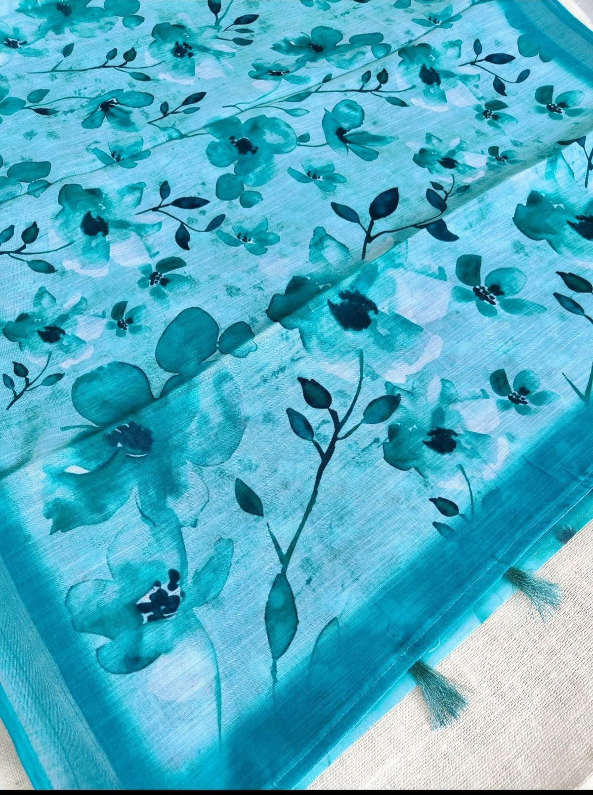 Rama Green Floral Linen Saree - Vini's Ethnic