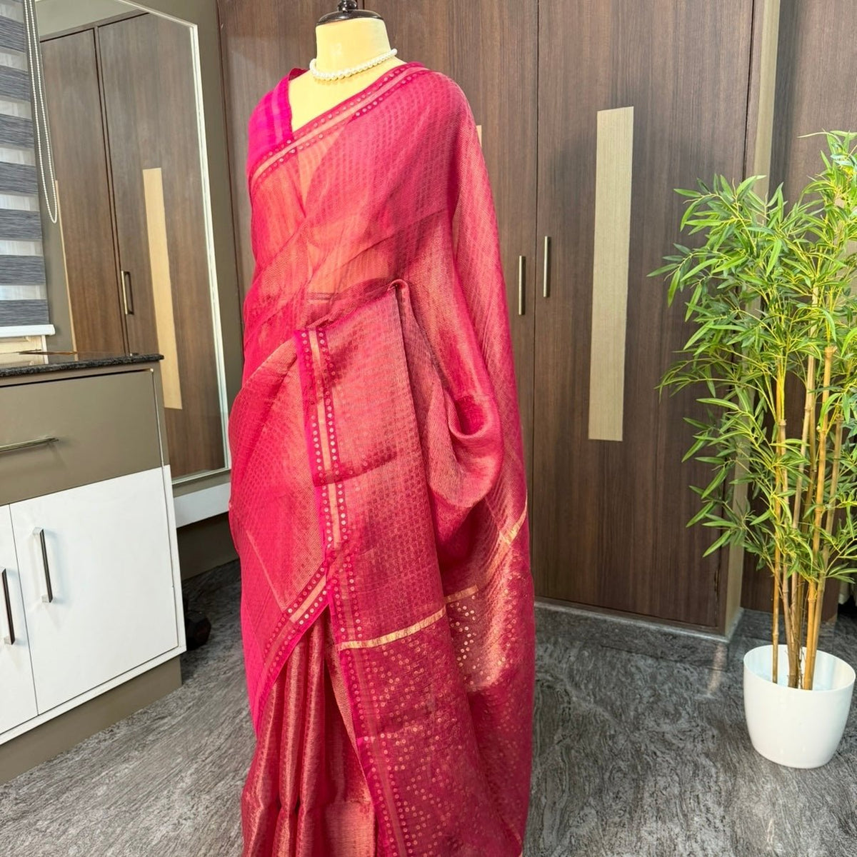 Rani Pink Pure Muslin Tissue Sequin Saree - Vini's Ethnic
