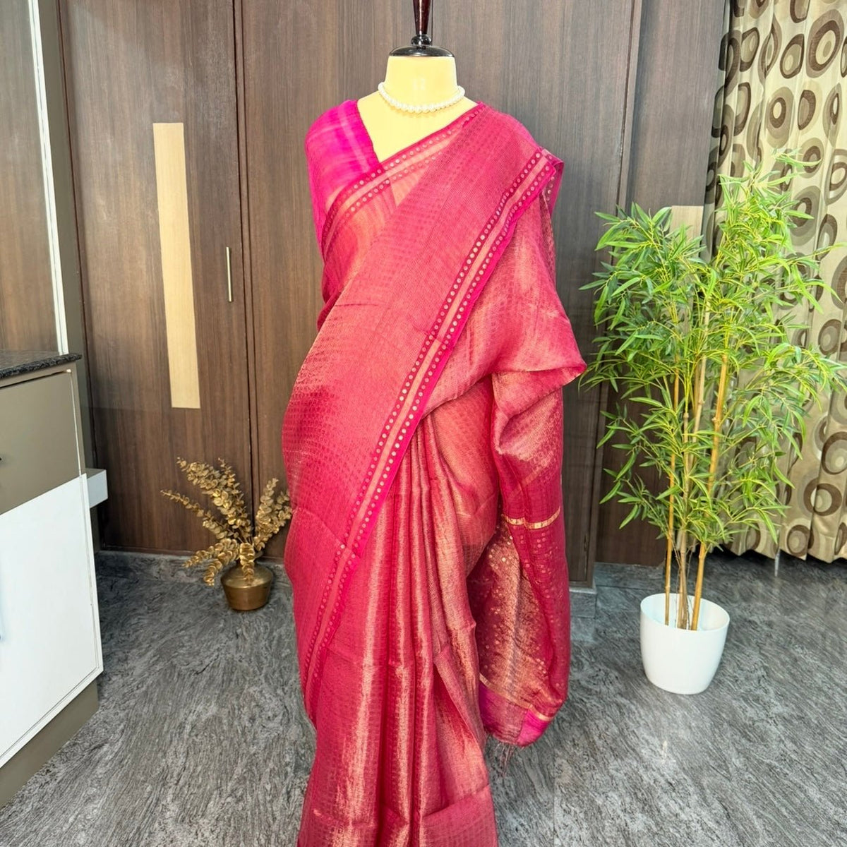 Rani Pink Pure Muslin Tissue Sequin Saree - Vini's Ethnic