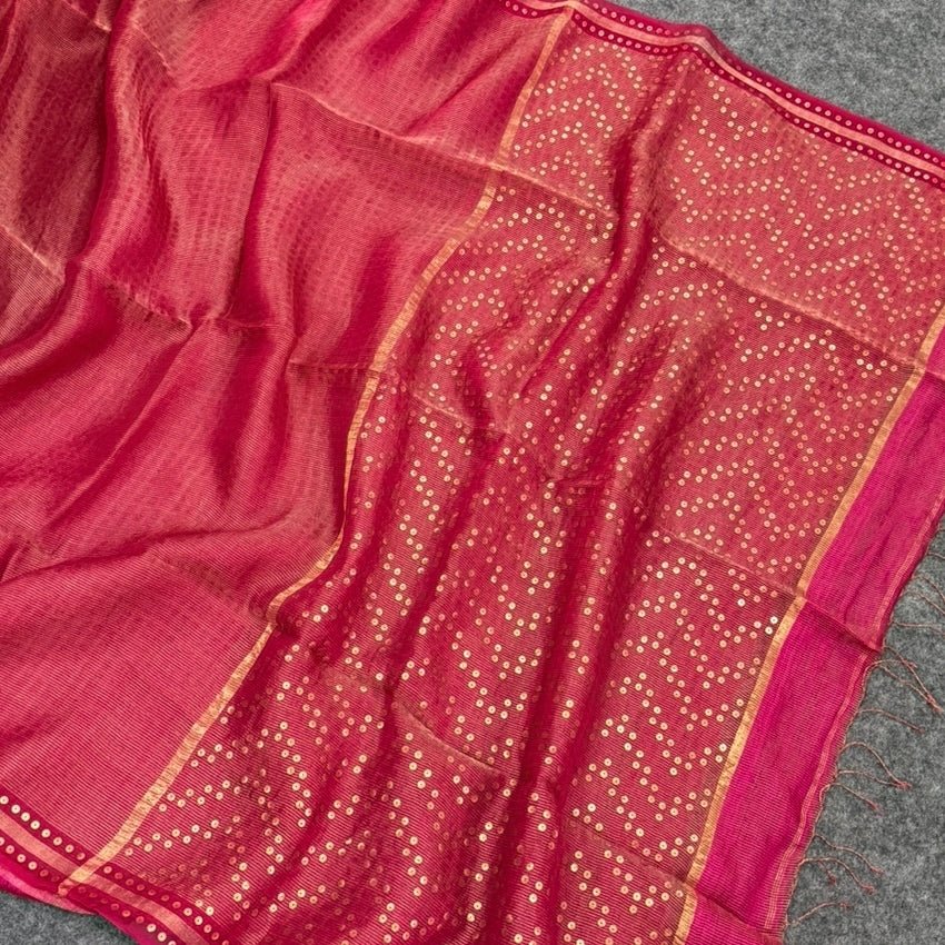 Rani Pink Pure Muslin Tissue Sequin Saree - Vini's Ethnic