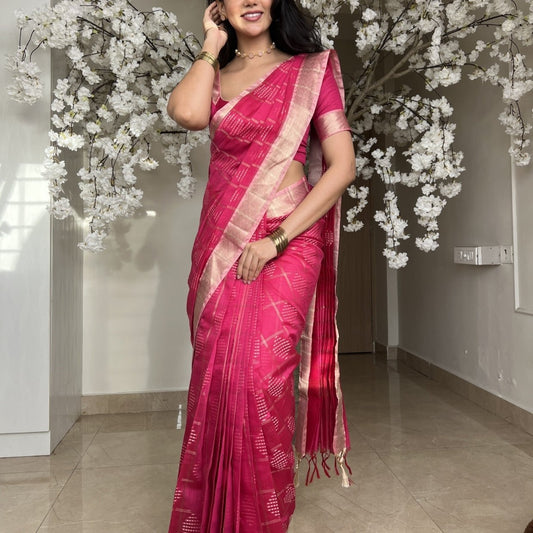 Rani Pink Zari Checked Semi Silk Saree - Vini's Ethnic