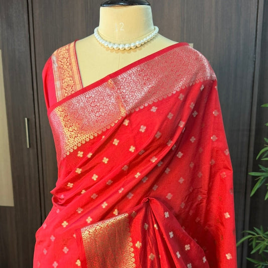 Red Chanderi Silk Saree - Vini's Ethnic