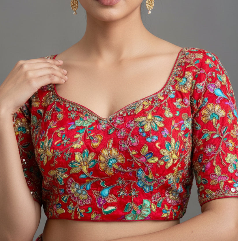 Red Designer Floral Embroidery Crepe Blouse Fabric - Vini's Ethnic