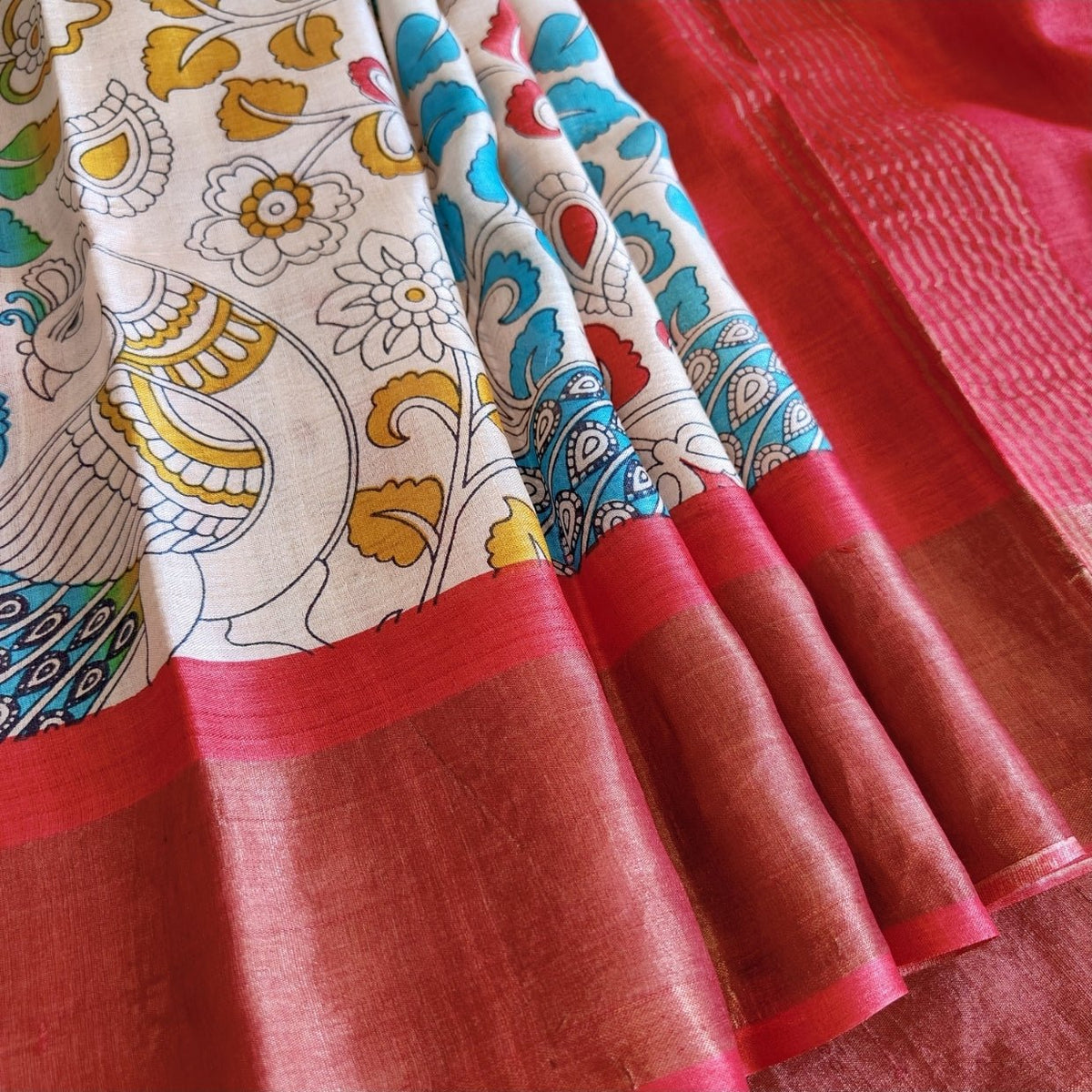 Red Peacock Pure Tussar Silk Saree - Vini's Ethnic
