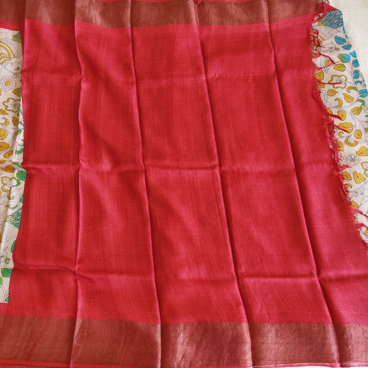 Red Peacock Pure Tussar Silk Saree - Vini's Ethnic