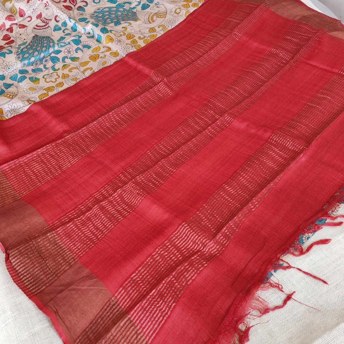 Red Peacock Pure Tussar Silk Saree - Vini's Ethnic