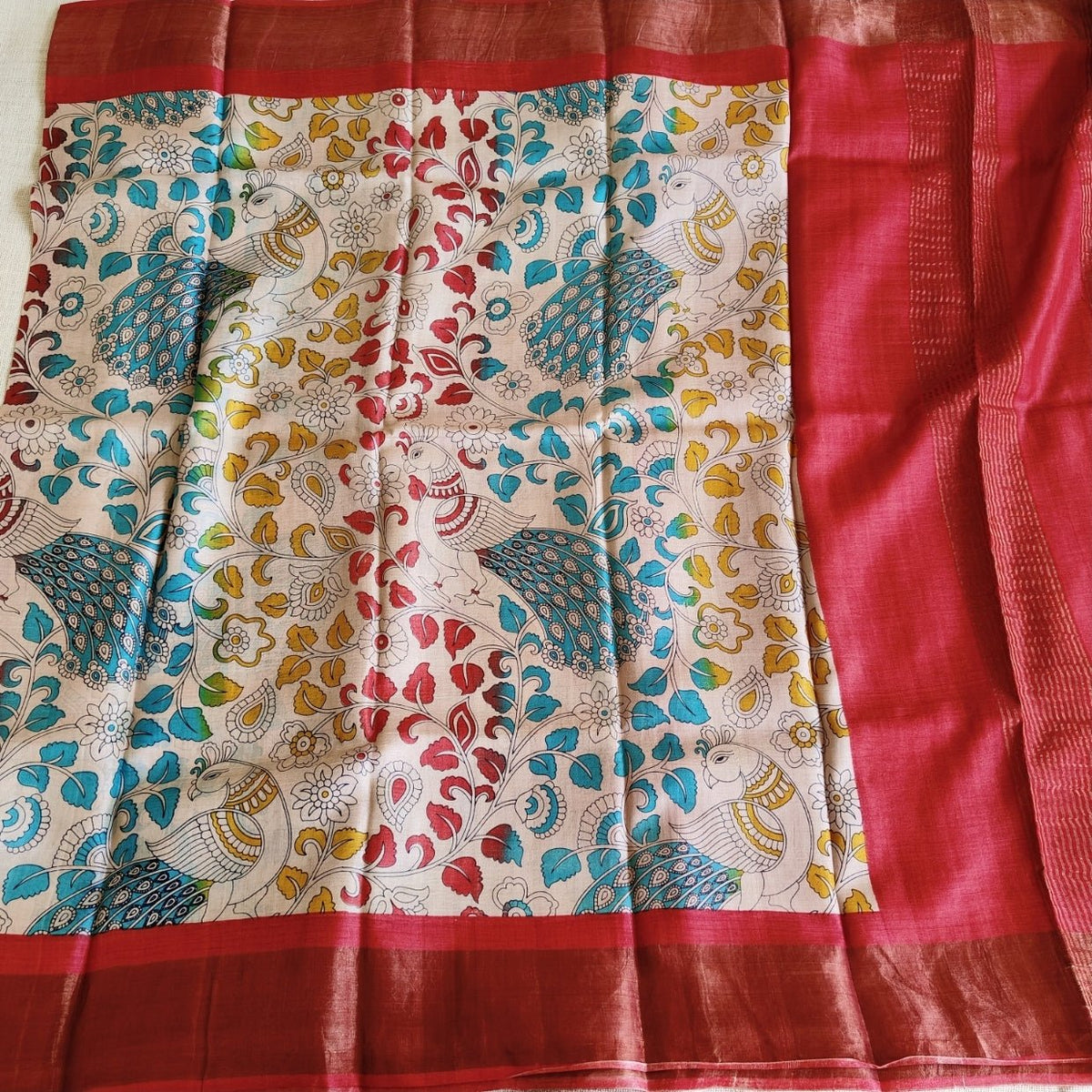 Red Peacock Pure Tussar Silk Saree - Vini's Ethnic