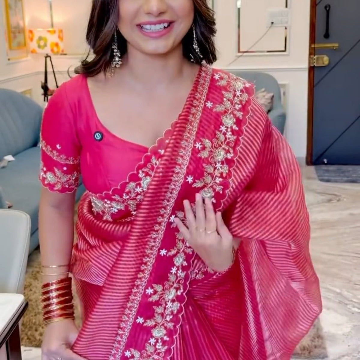 Red Pure Kora Tissue Silk Designer Saree - Vini's Ethnic