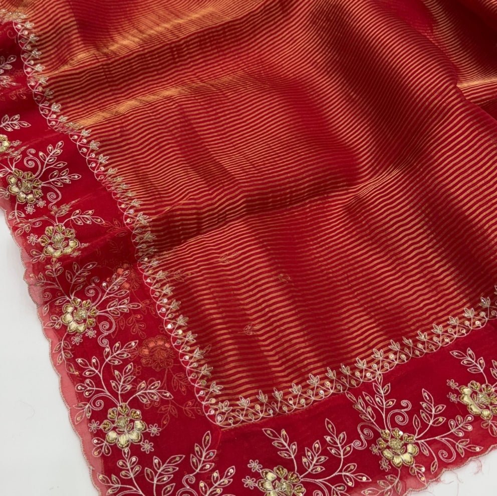 Red Pure Kora Tissue Silk Designer Saree - Vini's Ethnic