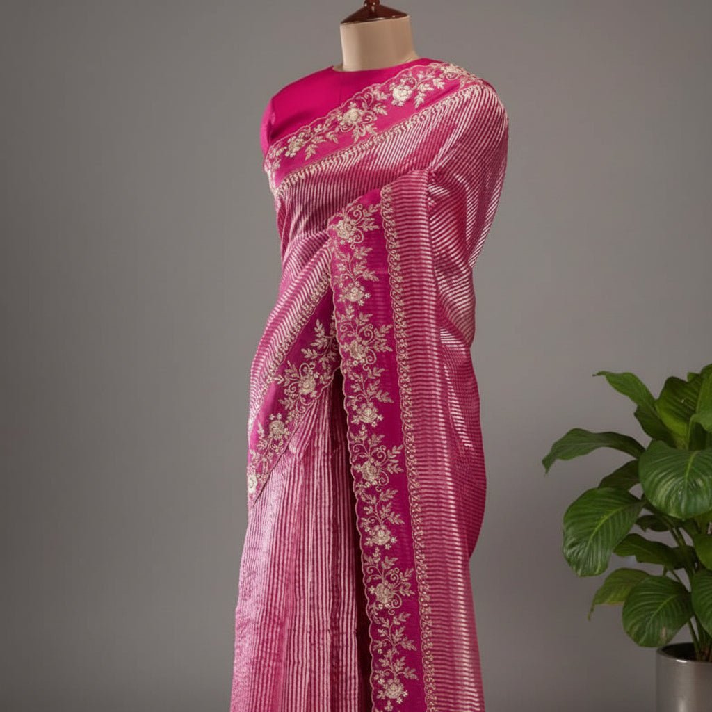 Red Pure Kora Tissue Silk Designer Saree - Vini's Ethnic