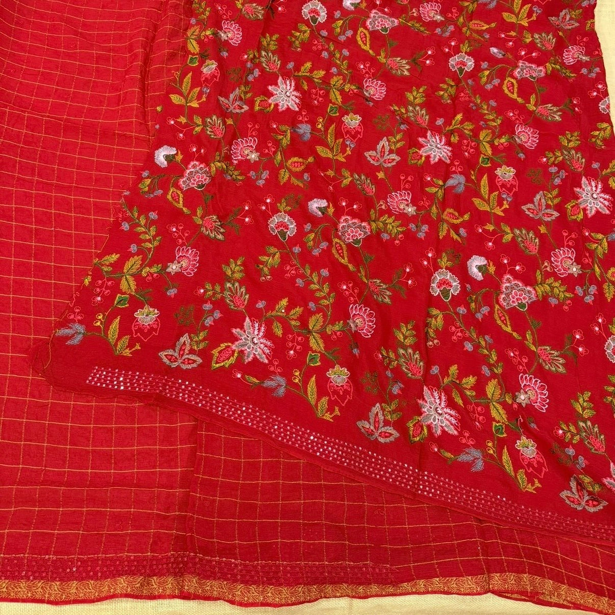Red Zari Checks Mirror Chinnon Silk Saree - Vini's Ethnic