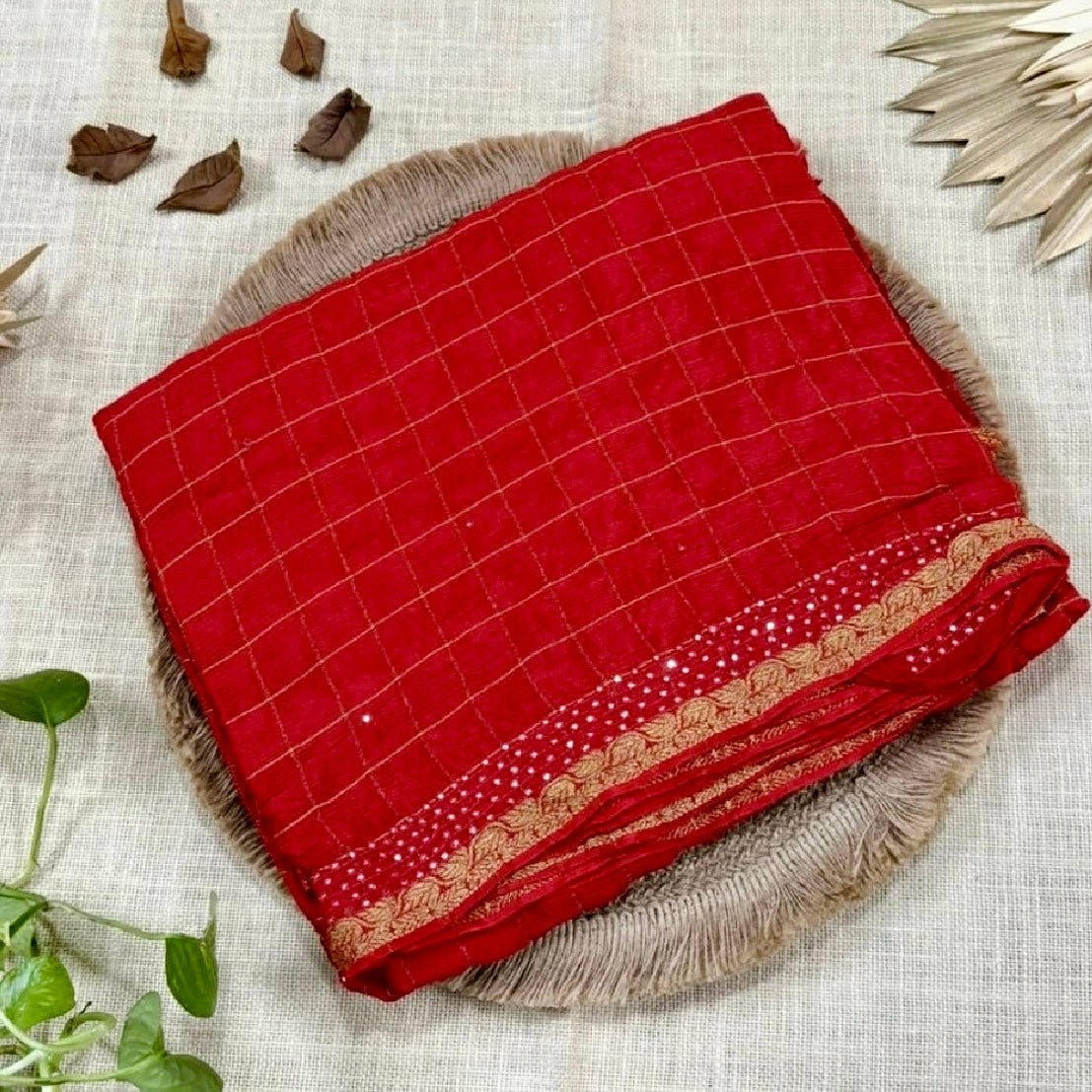 Red Zari Checks Mirror Chinnon Silk Saree - Vini's Ethnic