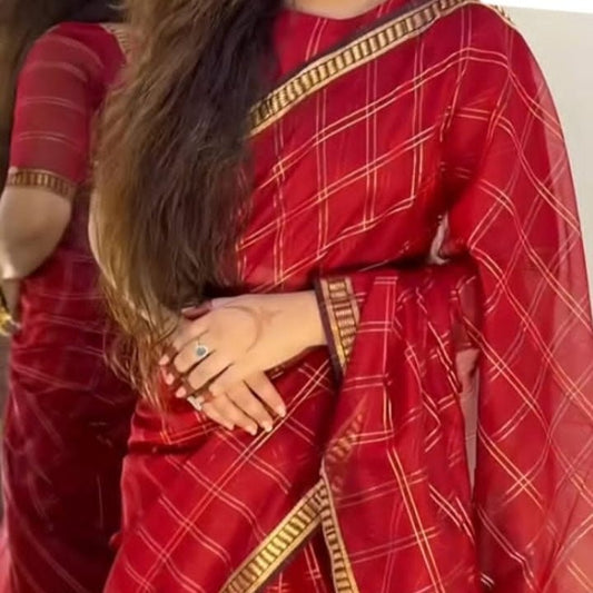Reddish Maroon Zari Checks Maheshwari Silk Cotton Saree - Vini's Ethnic
