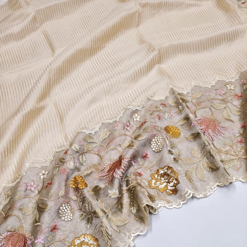 Rich Ivory Pure Tissue Embroidery Silk Sareee - Vini's Ethnic