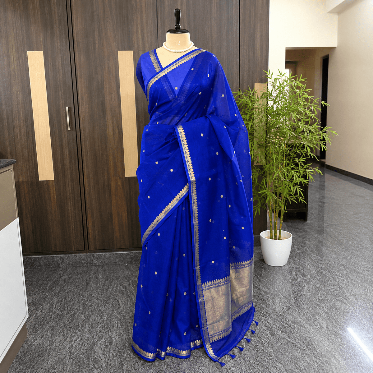 Rich Royal Blue Pure Kora Silk Saree - Vini's Ethnic