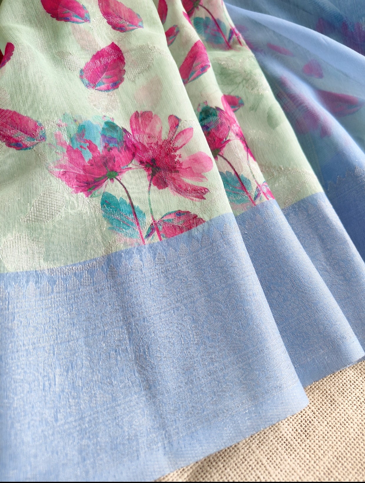 Mint Green Pink Floral Linen Saree
