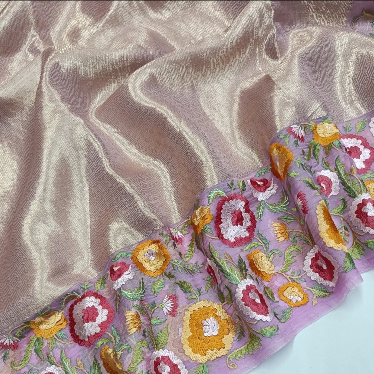 Lilac Brocade Floral Embroidery Pure Organza Saree